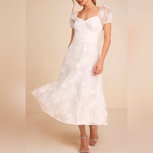 Lulus White Embroidered Puff Sleeve Midi Dress Size M Romantic Cottagecore